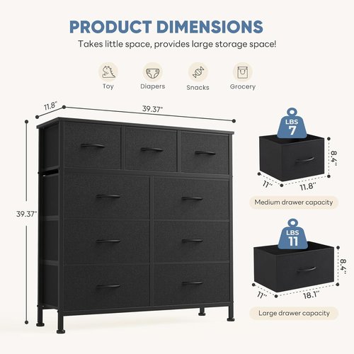 DUMOS 9-Drawer Dresser - Sturdy Fabric Storage Organizer with Metal Frame | Matte Black Finish
