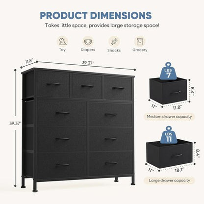 DUMOS 9-Drawer Dresser - Sturdy Fabric Storage Organizer with Metal Frame | Matte Black Finish