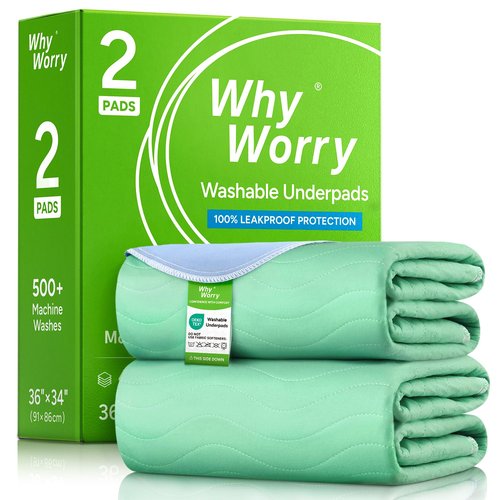 WhyWorry Washable Bed Pads for Adult Incontinence, 34" x 36" (Pack of 2) Washable Pee Pads for Bed Wetting, Heavy Absorbency Reusable Underpads for Elderly & Kids, Waterproof Mattress Protector, Green