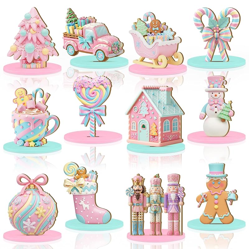 Candy Themed Christmas Table Decor Set, 12 Wooden Centerpieces – Pink Pastel Nutcracker, Snowman, Truck & Gingerbread (Variation: Candy)