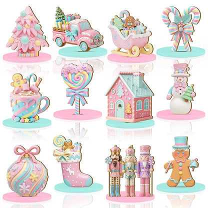 Candy Themed Christmas Table Decor Set, 12 Wooden Centerpieces – Pink Pastel Nutcracker, Snowman, Truck & Gingerbread (Variation: Candy)