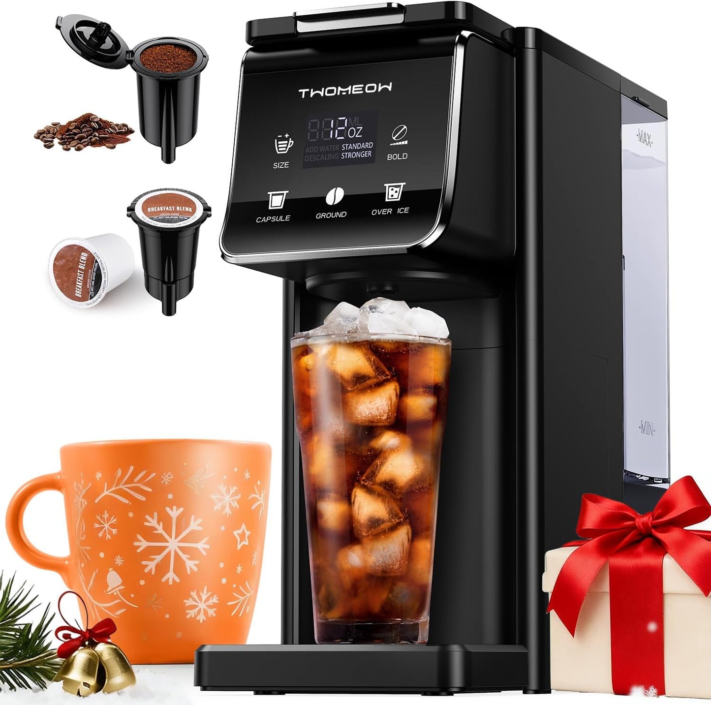 Skiennix Coffee Maker - Hot & Iced Brewing with Bold Setting | 52 Oz Tank, Single Serve for K-Cups & Grounds (Black)