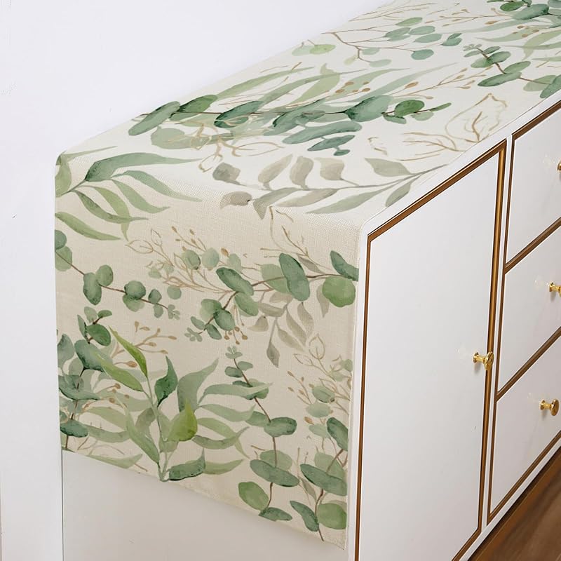 Spring Light Green Eucalyptus Table Runner 13x72in - Indoor Outdoor Decor (Variation: Light Green Eucalyptus Leaves+13"W x 72"L)