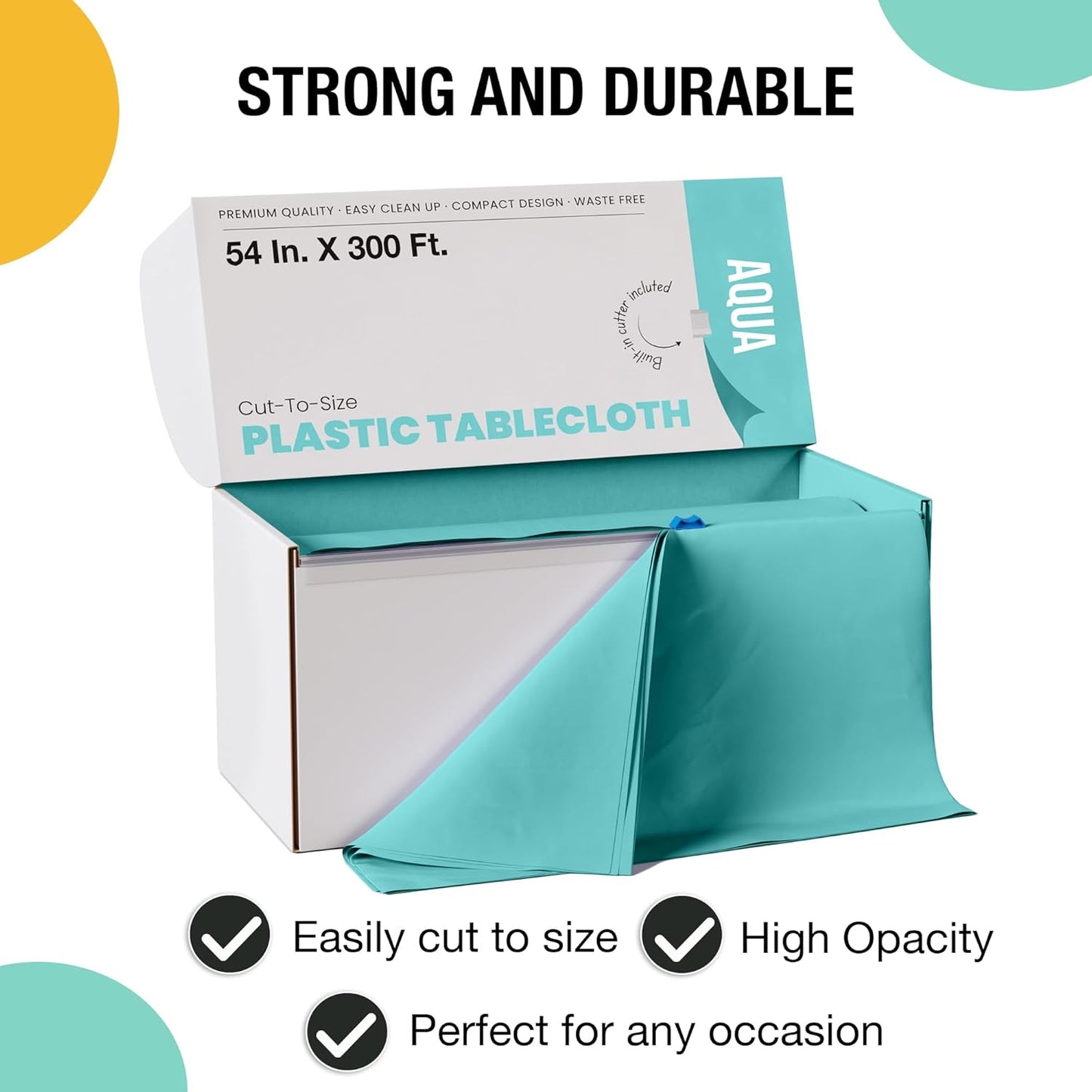 Party Solids Aqua Plastic Table Cover Roll - 54 Inch X 300 Feet with Convenient Slide Cutter