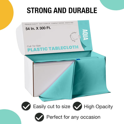 Party Solids Aqua Plastic Table Cover Roll - 54 Inch X 300 Feet with Convenient Slide Cutter
