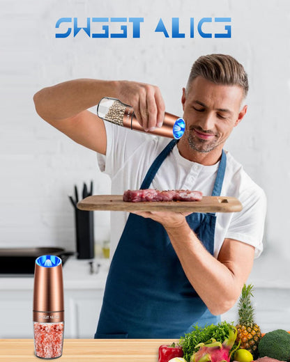 Gravity Electric Pepper/Salt Grinder, Salt or Pepper Mill, Adjustable Coarseness, Battery Powered with LED Light, One Hand Automatic Operation, Stainless Steel (Single/Copper)