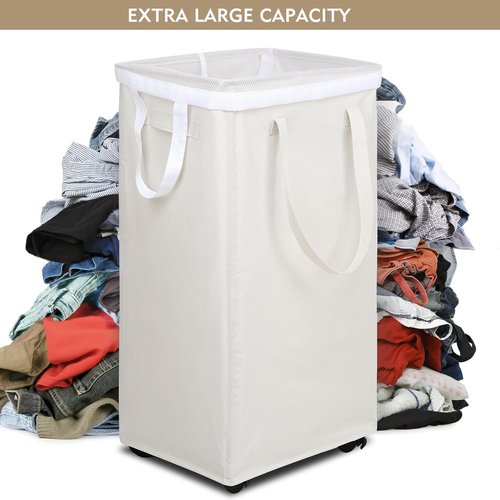 DOKEHOM X-Large 90L Laundry Basket - Collapsible Rolling Hamper with Removable Wash Bag | Beige