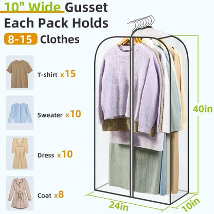LANDNEOO 6 Pack Clear Garment Bags - Zippered Double-Sided Clothes Storage for Coats, Dresses & Suits - 40'' Long