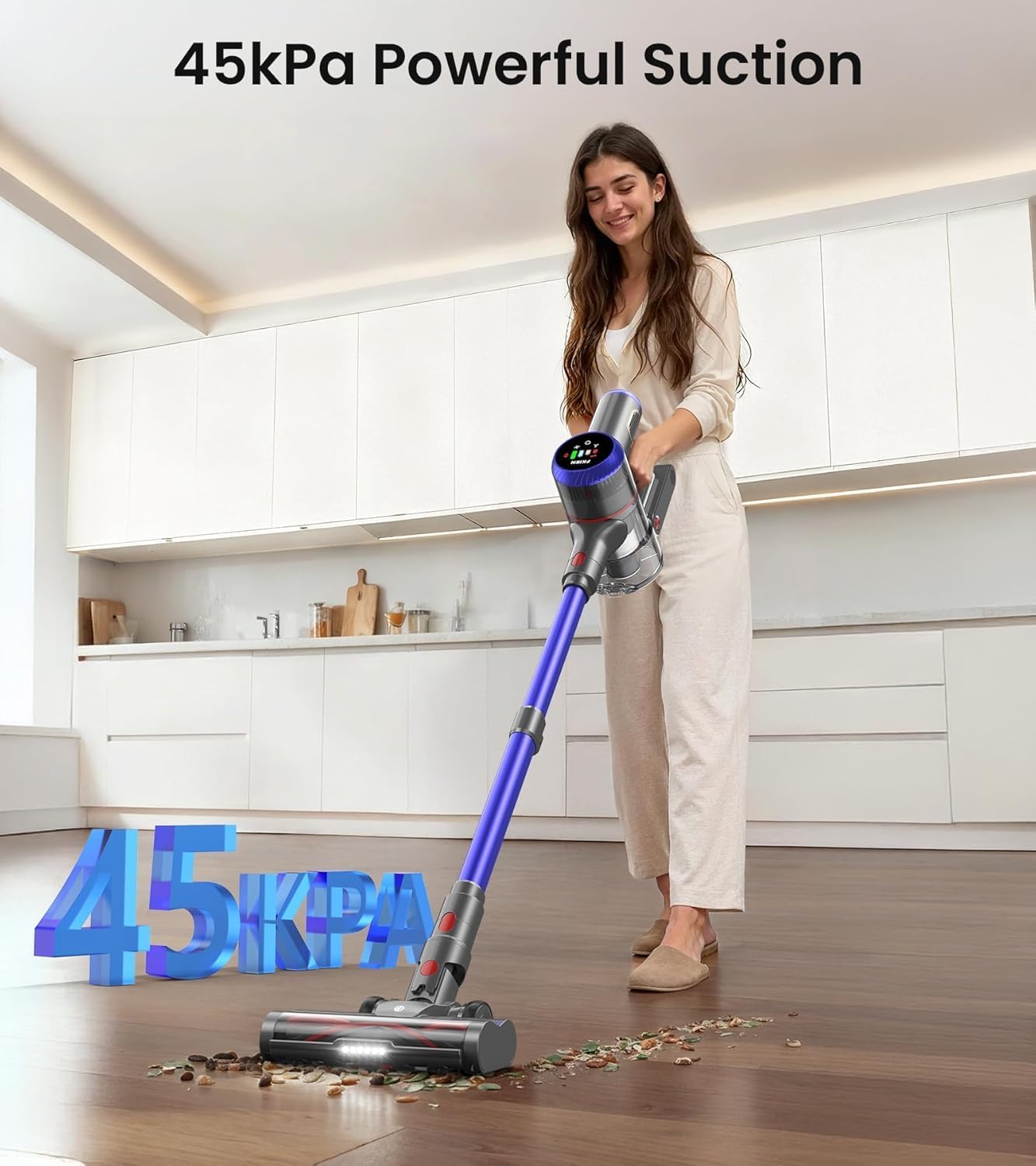 Skiennix Cordless Vacuum Cleaner - 550W, 45kPa Suction Power, 65 Mins Runtime, LED Display, Anti-Tangle Brush