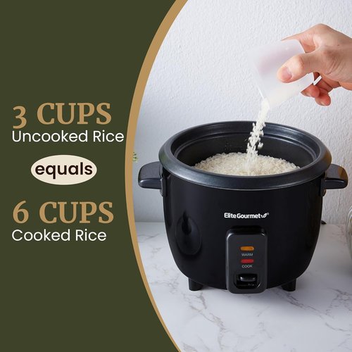 Elite Gourmet Electric Rice Cooker - Non-Stick Inner Pot & Steam Tray | 6 Cups Cooked, Black