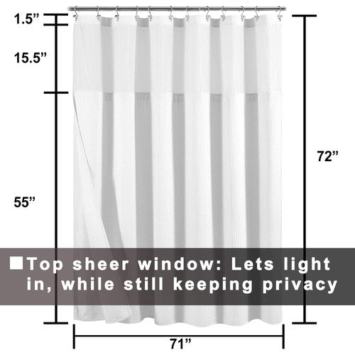 Hotel Style Cotton Shower Curtain with Snap-in Fabric Liner, Mesh Window Top, Honeycomb Waffle Weave Cotton Blend Fabric, Washable, White, 72x72 Inches