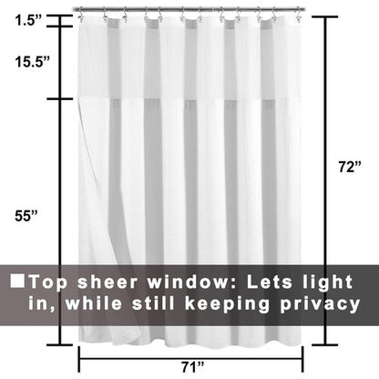 Hotel Style Cotton Shower Curtain with Snap-in Fabric Liner, Mesh Window Top, Honeycomb Waffle Weave Cotton Blend Fabric, Washable, White, 72x72 Inches