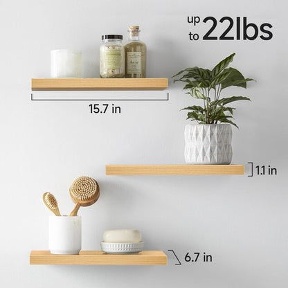 BAYKA Floating Wall Shelves - Rustic Wood Design for Bathroom, Bedroom & Living Room | Set of 3 (Light Oak, 15.7in)