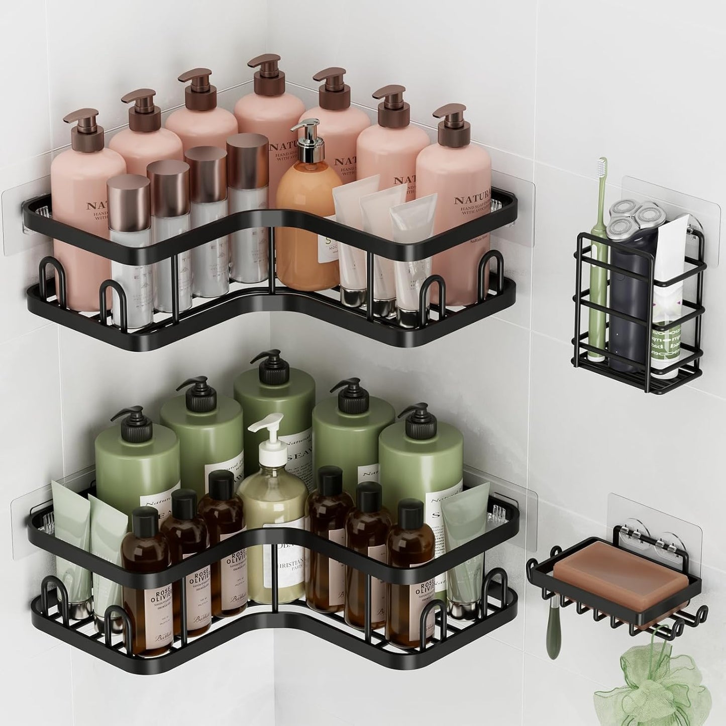 Veken Corner Shower Caddy - Rustproof Adhesive Shelves with Soap Holder | Large Capacity Bathroom Organizer - Black