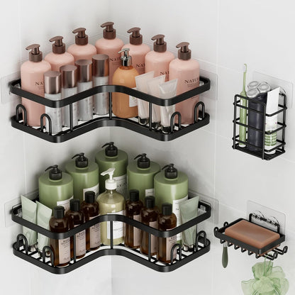 Veken Corner Shower Caddy - Rustproof Adhesive Shelves with Soap Holder | Large Capacity Bathroom Organizer - Black