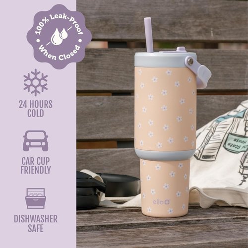 Ello Oasis Go+ 32oz Tumbler - Reusable Insulated Stainless Steel Cup with Retracting Straw | Daisies, 100% Leakproof