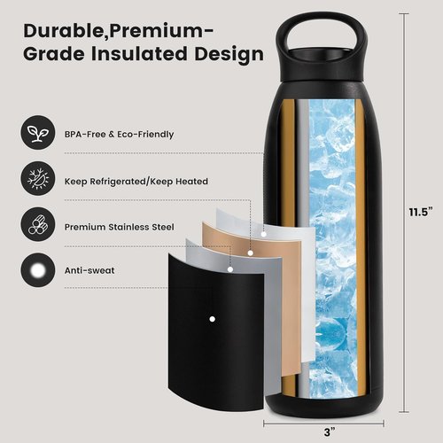 32 oz Insulated Stainless Steel Water Bottle, Double Wall Stainless Steel with Handle, BPA-Free, Keeps Cold 24H & Hot 12H, Durable Sports Thermos for Yoga, Hiking, Gym, Office, Black