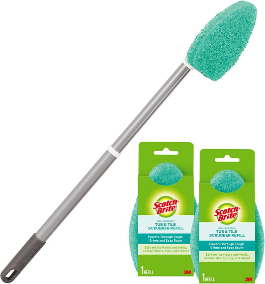 Scotch-Brite Extendable Tub & Tile Scrubber Kit - 1 Handle & 3 Non-Scratch Pads for Easy Cleaning