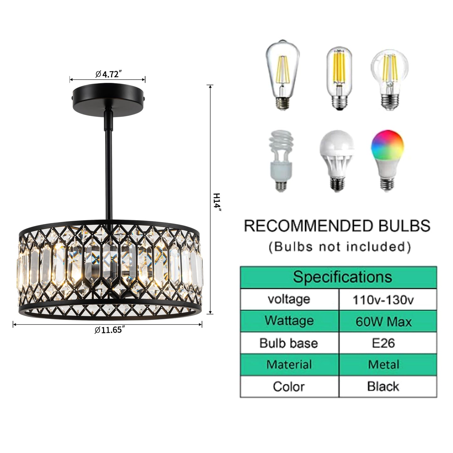 Rpzloila 2-Light Crystal Ceiling Light Fixture, Modern Semi Flush Mount Ceiling Light, Black Crystal Chandelier for Kitchen Bedroom Bathroom Entryway Hallway