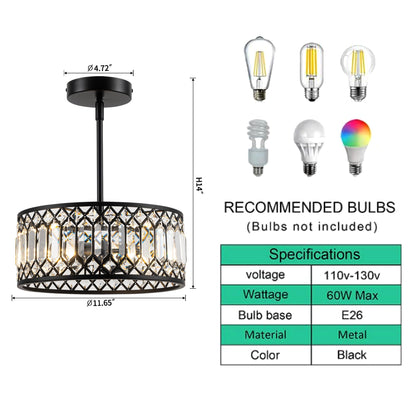Rpzloila 2-Light Crystal Ceiling Light Fixture, Modern Semi Flush Mount Ceiling Light, Black Crystal Chandelier for Kitchen Bedroom Bathroom Entryway Hallway