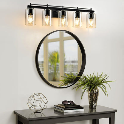 5-Light Modern Bathroom Light Fixtures: Black Vanity Light with Clear Glass Shade, Bath Vintage Wall Mounted Lamps for Mirror