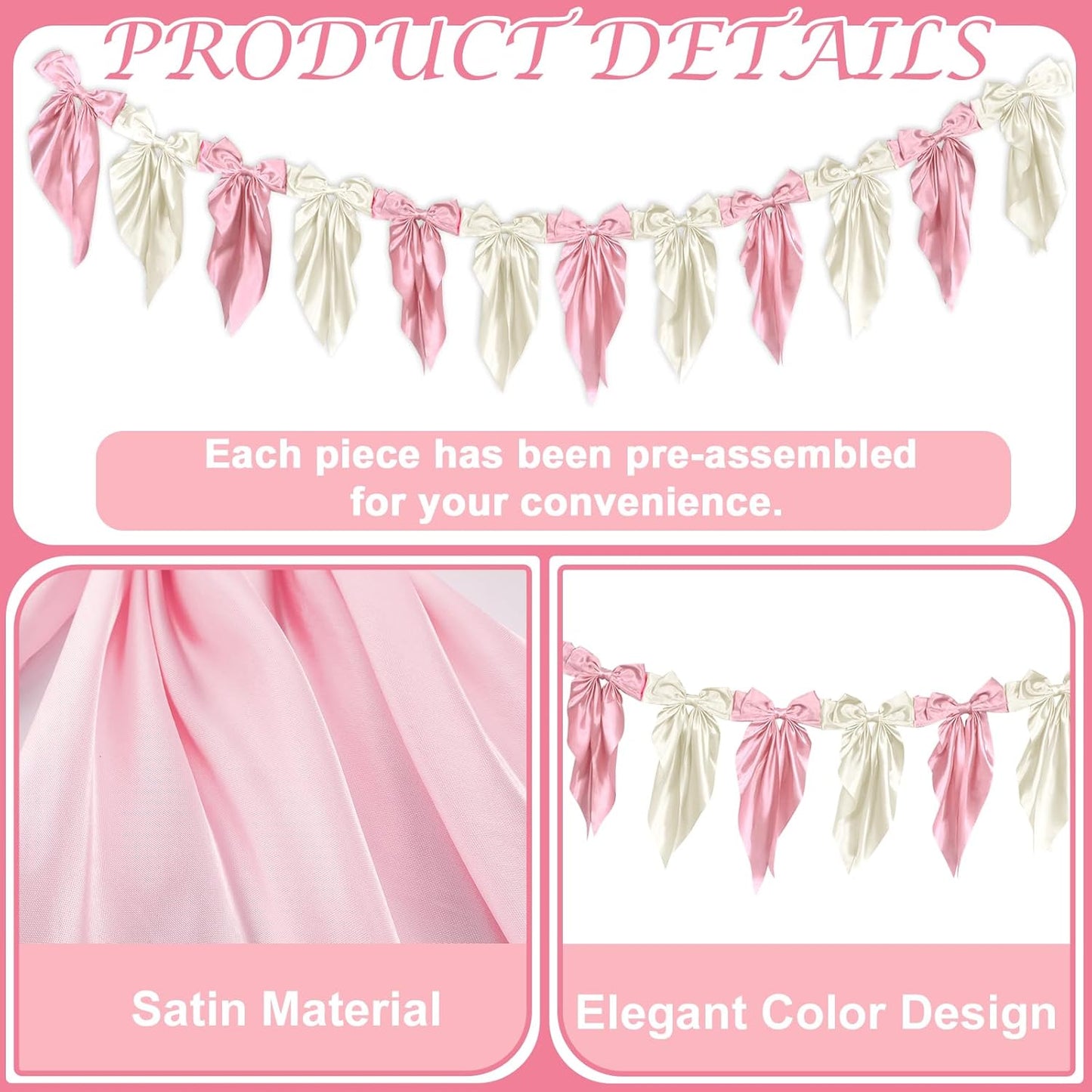 Skiennix White Pink Bow Garland Banner - Elegant Satin Ribbon Decor for Bridal Showers & Parties | 6ft