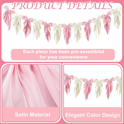 Skiennix White Pink Bow Garland Banner - Elegant Satin Ribbon Decor for Bridal Showers & Parties | 6ft