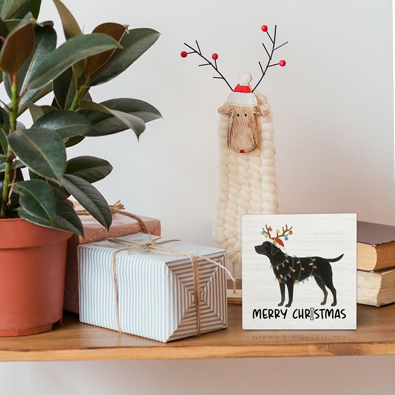 Black Labrador Merry Christmas Wooden Box Sign - 5x5 Inch Desk & Wall Decor (Variation: Black Labrador)