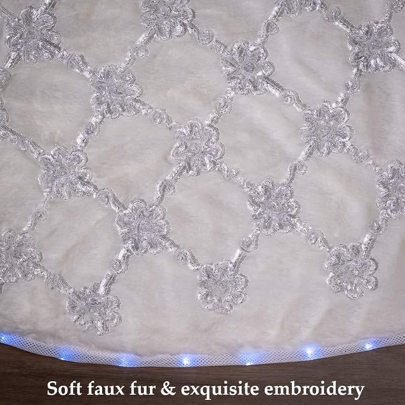 White 55 Inch Faux Fur Hatched Tree Skirt with Programmable LED Lights - Ivory