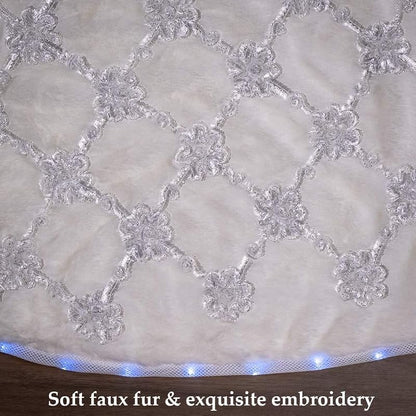 White 55 Inch Faux Fur Hatched Tree Skirt with Programmable LED Lights - Ivory