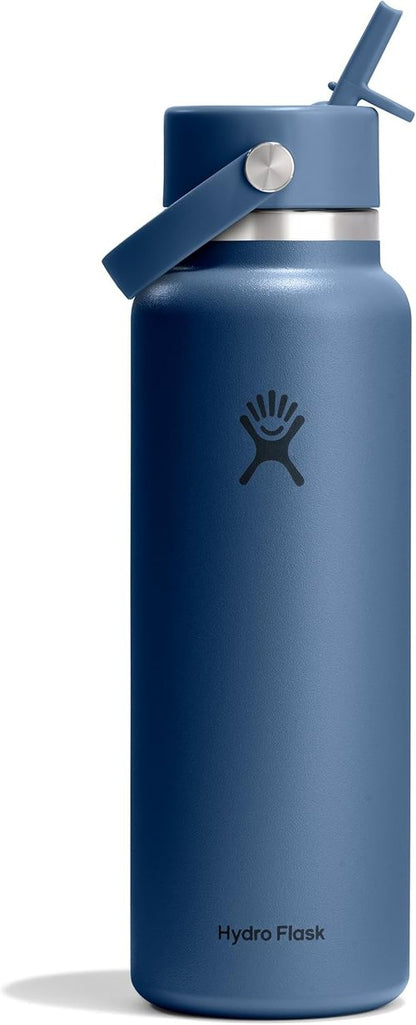 Hydro Flask Water Bottle - Insulated Stainless Steel - 40 Oz Harbor Blue with Wide Straw Lid