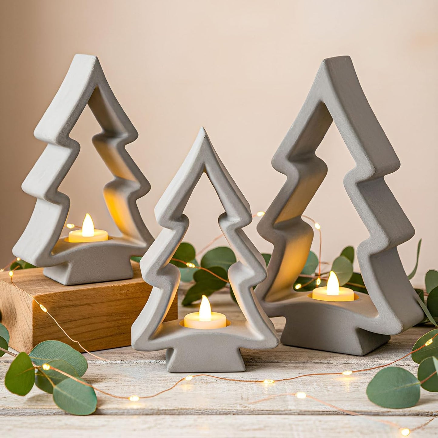 Meanplan Christmas Tree Tealight Candle Holders - Rustic Farmhouse Decor for Holiday Centerpieces | 3 Pcs Set