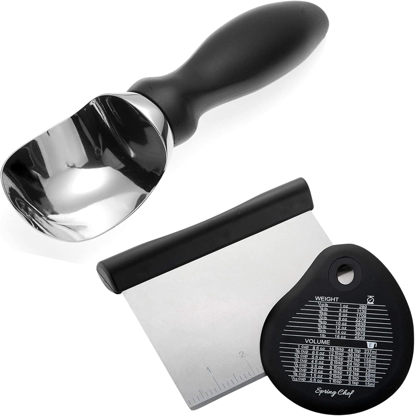 Spring Chef Premium Ice Cream Scoop & Stainless Steel Bench Scraper Set - Black Bundle with Bonus Bowl Scraper