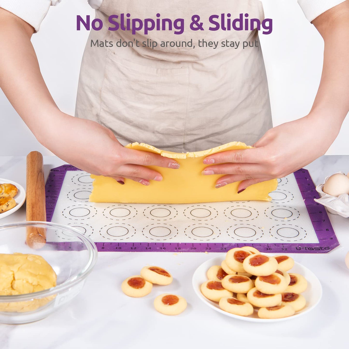 U-Taste 446ºF Heat Resistant Macaron Silicone Baking Mat, Non Stick Reusable Cookies Pastry Sheet Liner with Edge Enhancement Circle Measurement for Oven (Half Sheets Size, Pack of 2, Purple)