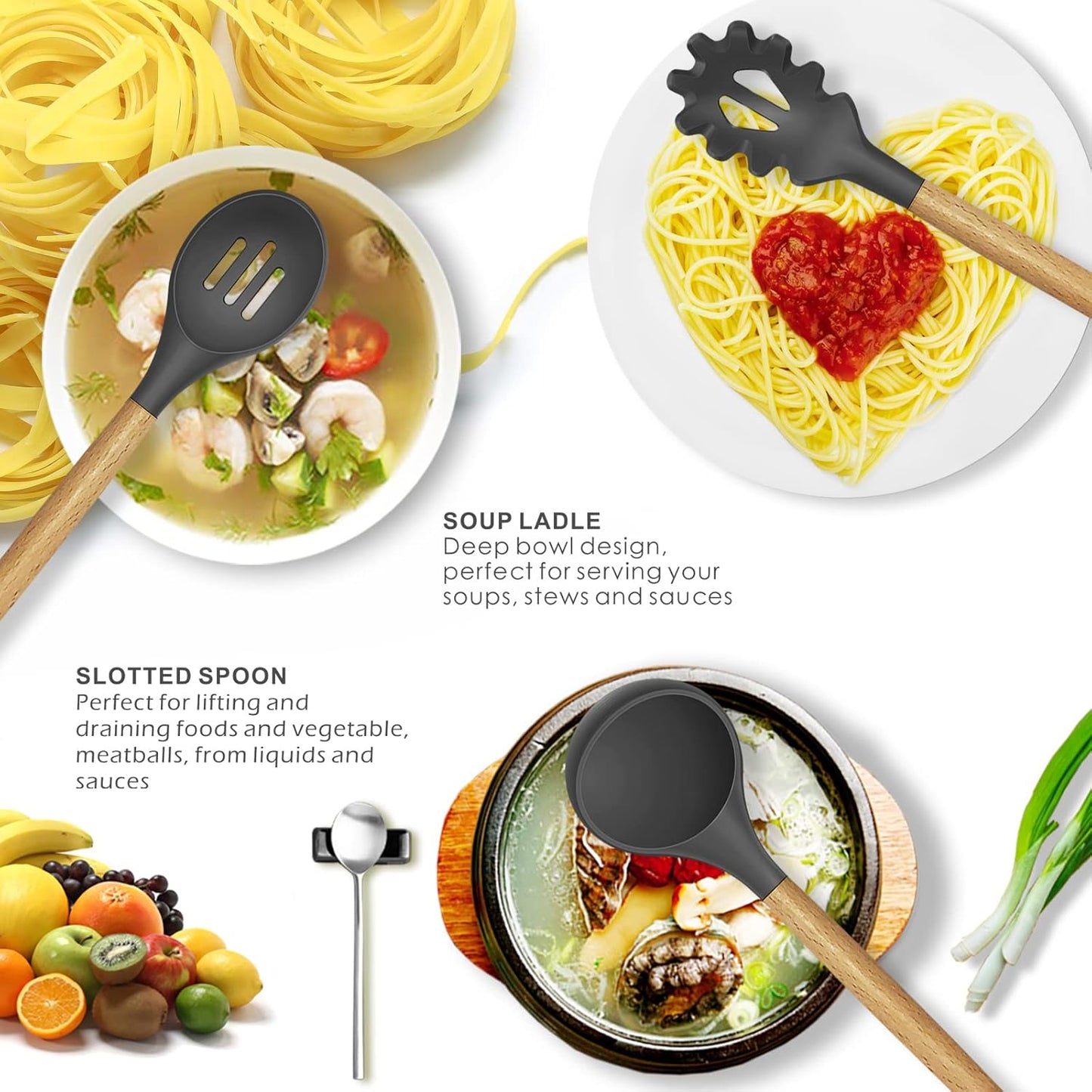 Oannao Silicone Cooking Utensils Set - 446°F Heat Resistant, BPA Free Kitchen Gadgets | Gray Color