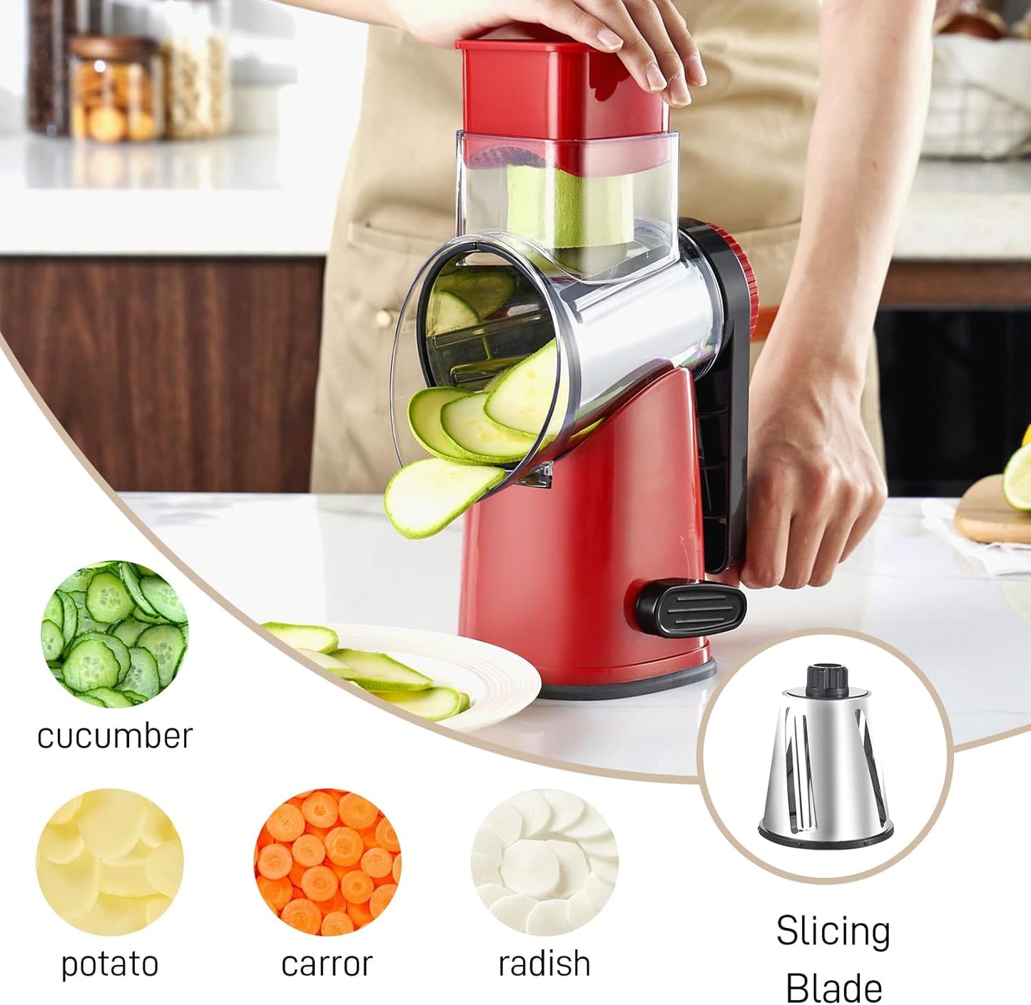 Rotary Cheese Grater by [Brand Name] - Large Hand Crank with 4 Blades & Suction Base | Red & Black