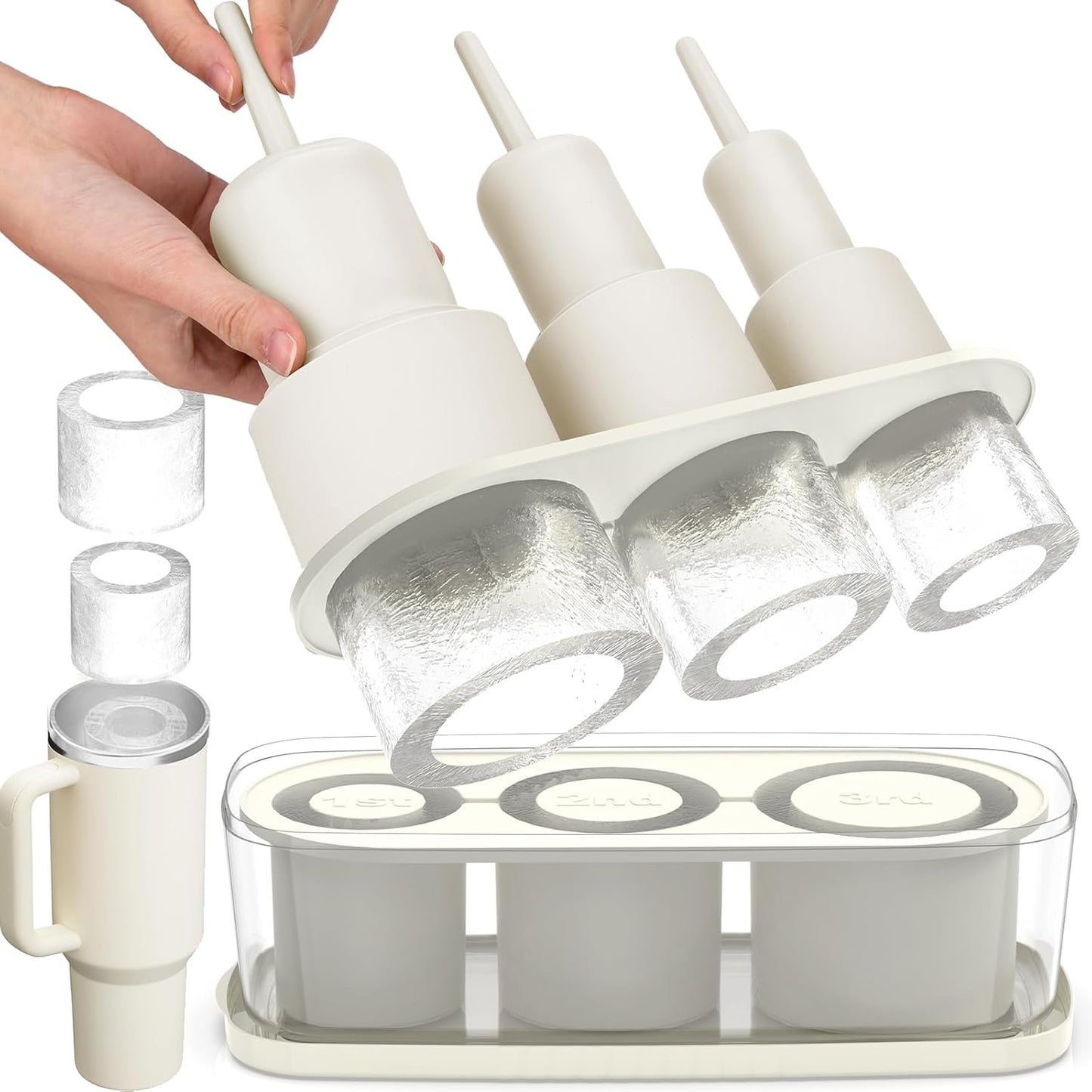 Skiennix Silicone Ice Cube Tray - Easy Fill & Release Cylinder Molds for 30Oz-40Oz Tumblers | BPA-Free White