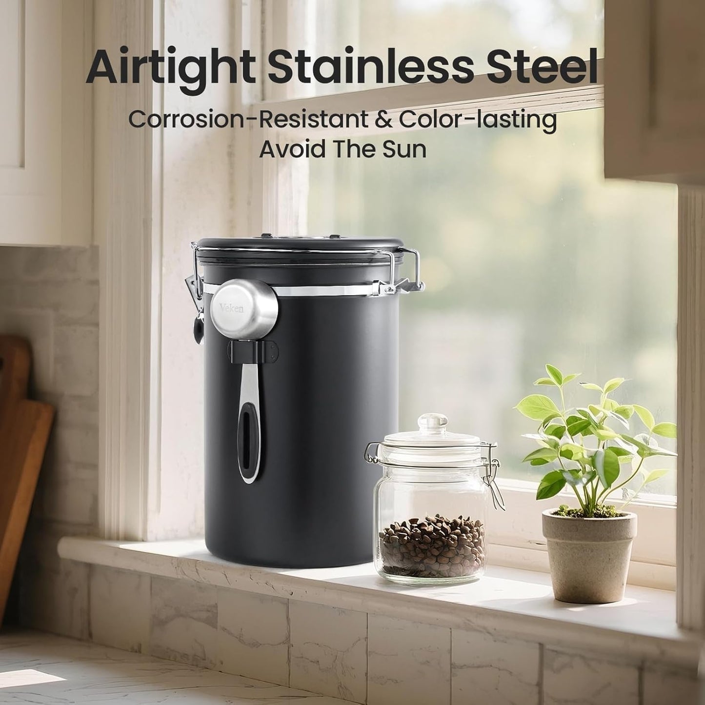 Veken Coffee Canister - Airtight Stainless Steel Food Storage Container | 39oz for 2.2lbs Beans, Sugar, Tea, Black