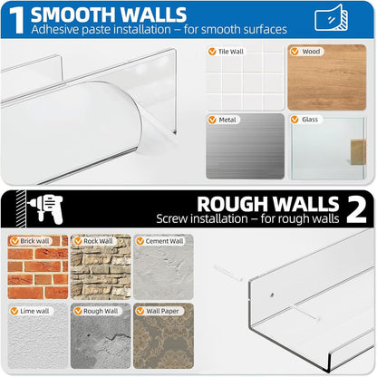 Albumgit 4-Pack Acrylic Wall Shelves - Self-Adhesive 15" Clear Floating Shelf for Organizing Decor