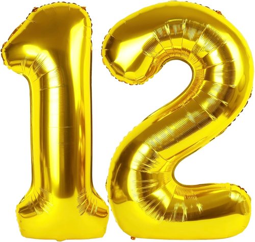 Gold Number 12 Balloon - 40 Inch Golden Birthday Decoration for 12th Year Celebration