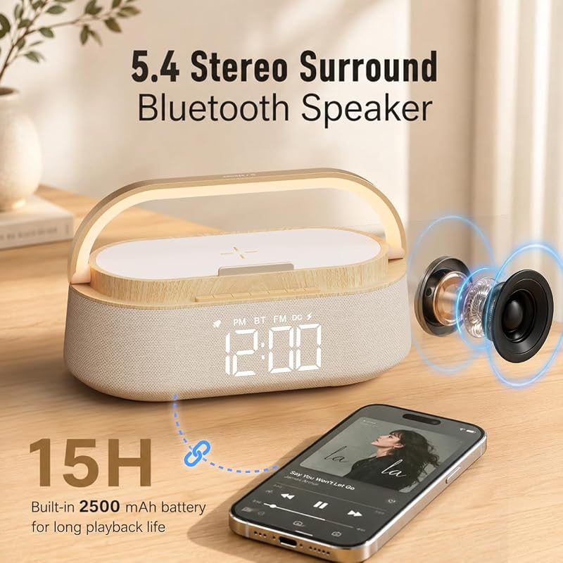 Wood Variation 6-in-1 Alarm Clock with Bluetooth Speaker, Wireless Charger, FM Radio, Night Light