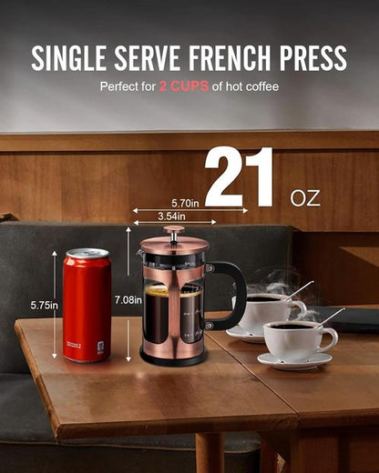 BAYKA French Press Coffee Maker - Heat Resistant Borosilicate Glass Brewer | 21 Ounce Copper Teapot