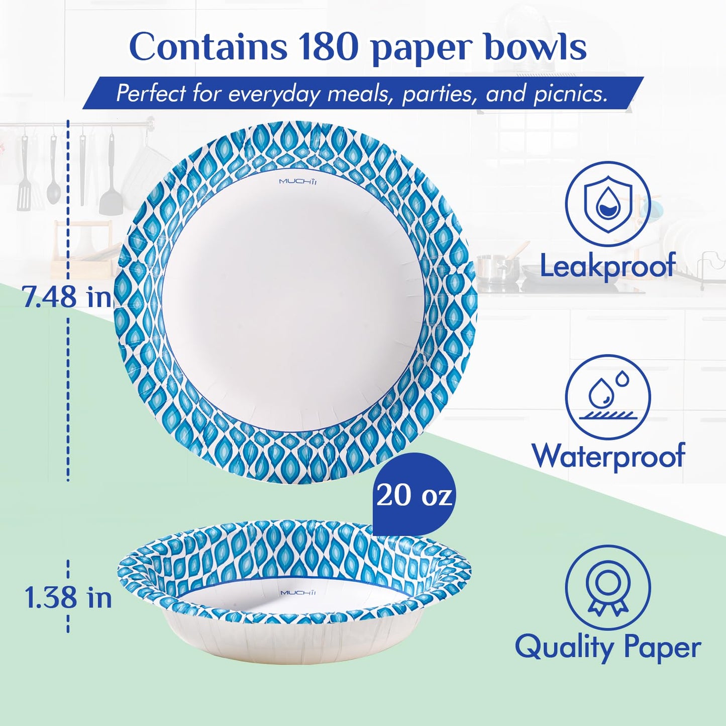 MUCHII 20 Oz Paper Bowls 180 Count Disposable Bowls, Printed Soak Proof Large Bowls for Breakfast, Lunch, and Dinner Meals