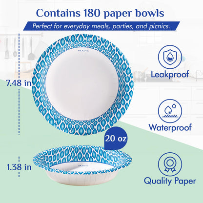 MUCHII 20 Oz Paper Bowls 180 Count Disposable Bowls, Printed Soak Proof Large Bowls for Breakfast, Lunch, and Dinner Meals