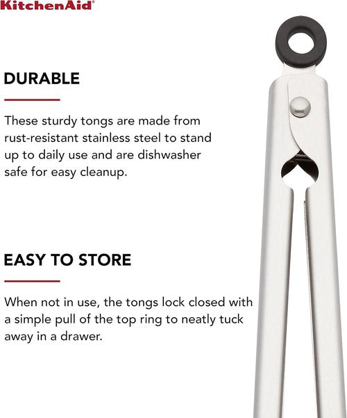 KitchenAid Stainless Steel Serving Tongs - 9 Inch with Secure Closing Lock & Hang Hook