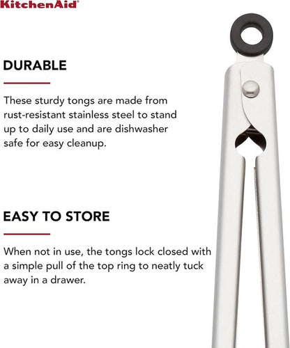 KitchenAid Stainless Steel Serving Tongs - 9 Inch with Secure Closing Lock & Hang Hook
