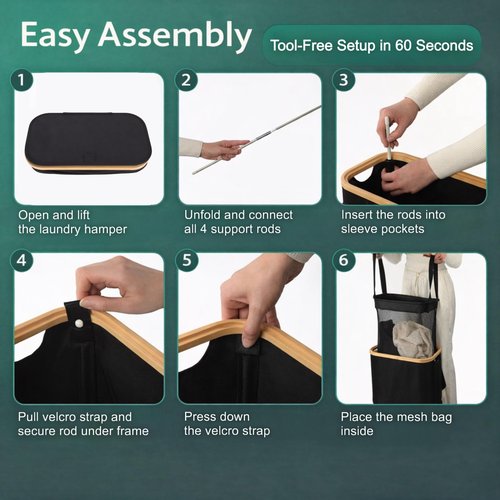 ErraLife Slim Laundry Hamper with Lid, 60L Capacity, Bamboo Handles, and Steel Ring Removable Inner Bag - Collapsible Clothes Basket Laundry Organizer for Bedroom, Bathroom, Dorm, Black