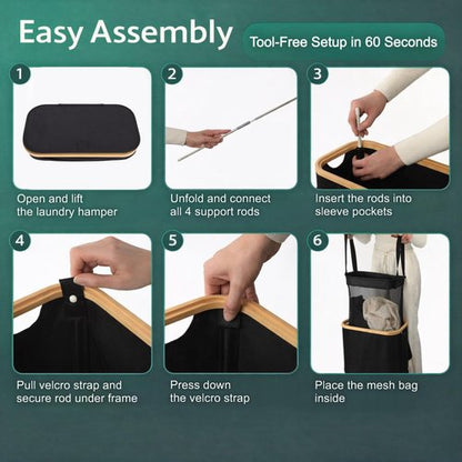 ErraLife Slim Laundry Hamper with Lid, 60L Capacity, Bamboo Handles, and Steel Ring Removable Inner Bag - Collapsible Clothes Basket Laundry Organizer for Bedroom, Bathroom, Dorm, Black