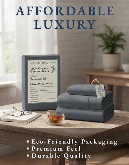 LANE LINEN 100% Organic Cotton 3Pc Bed Sheets Twin Size, Classic Percale Weave, Soft & Comfy Fully Elasticized Naturally Cooling Cotton Sheets, Low Pill Machine wash Twin Sheet Set- Charcoal