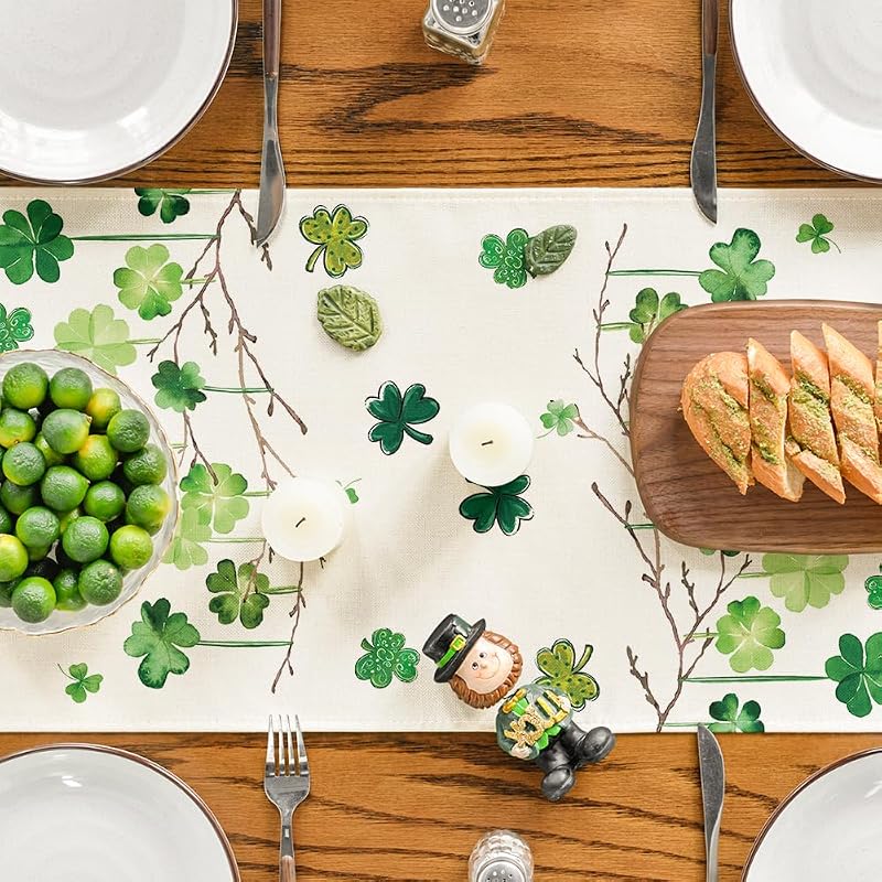 Shamrock Eucalyptus St. Patrick's Table Runner - 13x36 Inch, Beige/Green